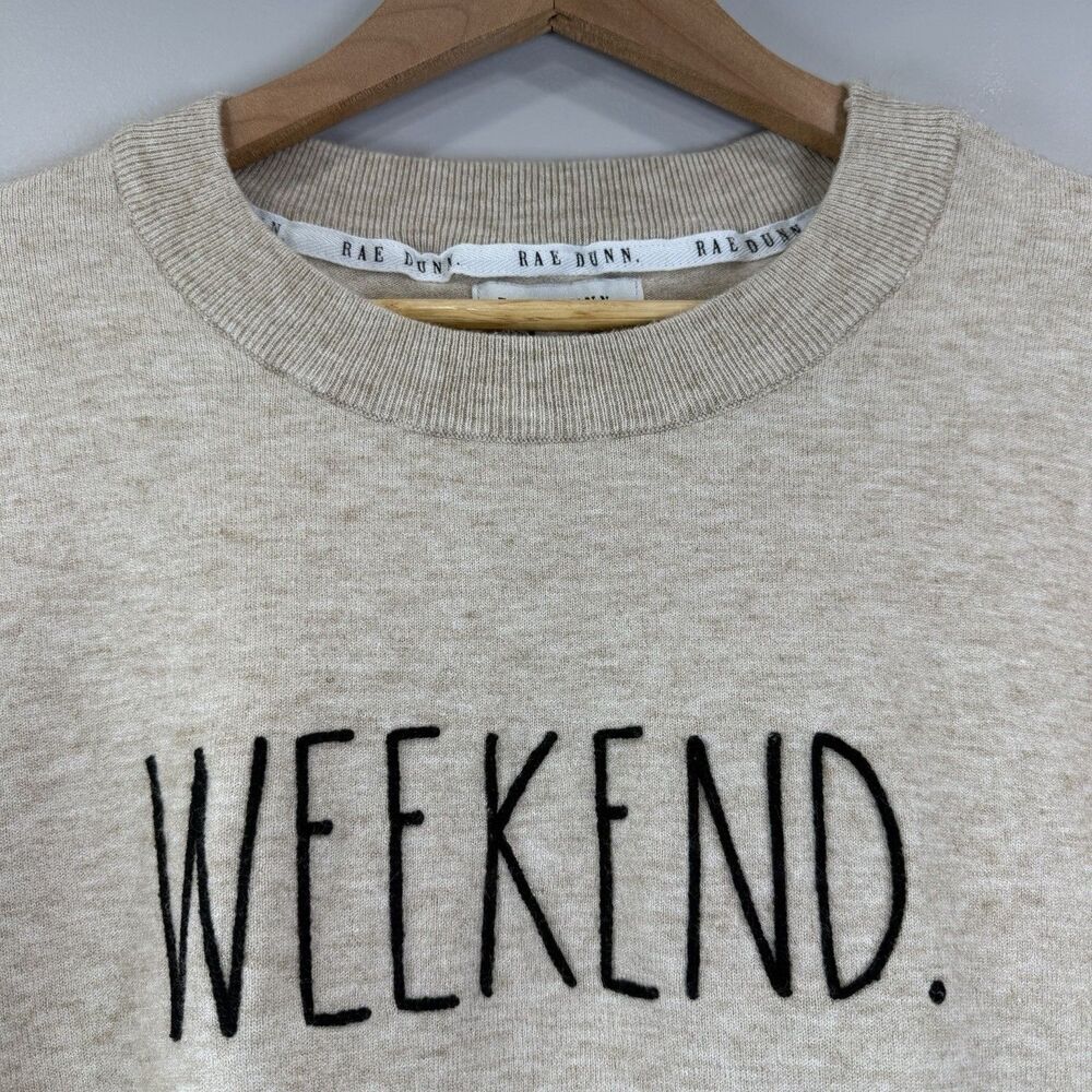 Rae Dunn Women's Size M "WEEKEND." Beige Crew Neck Knit Sweater Minimalist - Picture 3 of 8